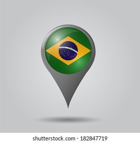 Map pointers with flag and 3D effect on grey background - Brazil