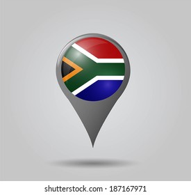 Map pointers with flag and 3D effect on grey background - South Africa