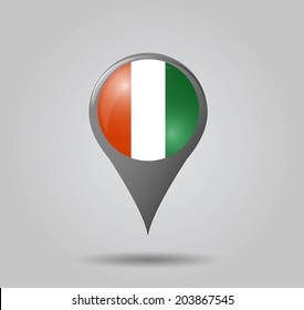 Map pointers with flag and 3D effect on grey background - Ivory Coast
