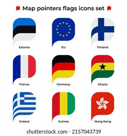 Map pointers flags icons set. Flag icon in simple rectangular pointer shape. Vector icon, symbol, button. Illustration in flat style