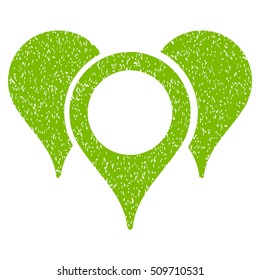 Map Pointers grainy textured icon for overlay watermark stamps. Flat symbol with dirty texture. Dotted vector eco green ink rubber seal stamp with grunge design on a white background.