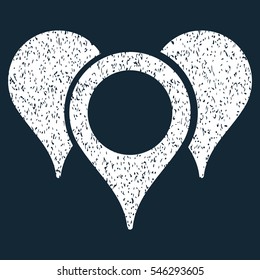 Map Pointers grainy textured icon for overlay watermark stamps. Flat symbol with dirty texture. Dotted vector white ink rubber seal stamp with grunge design on a dark blue background.
