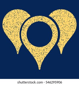 Map Pointers grainy textured icon for overlay watermark stamps. Flat symbol with dust texture. Dotted vector yellow ink rubber seal stamp with grunge design on a blue background.