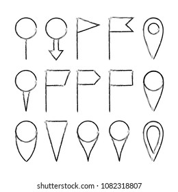 Map pointers hand drawn sketch vector set, navigation pins doodle illustration isolated on white background. Hand drawn map pointers.