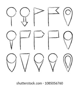 Map pointers hand drawn sketch vector set, navigation pins doodle illustration isolated on white background. Hand drawn map pointers.