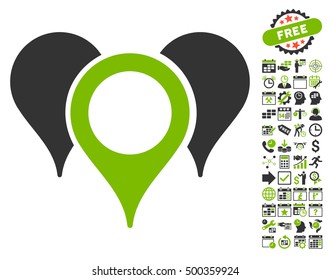 Map Pointers icon with bonus calendar and time service pictograms. Vector illustration style is flat iconic symbols, eco green and gray colors, white background.