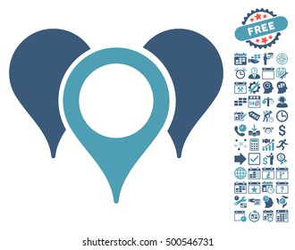 Map Pointers icon with bonus calendar and time management symbols. Vector illustration style is flat iconic symbols, cyan and blue colors, white background.