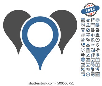 Map Pointers icon with bonus calendar and time management images. Vector illustration style is flat iconic symbols, cobalt and gray colors, white background.