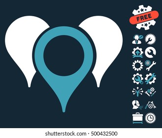Map Pointers icon with bonus configuration icon set. Vector illustration style is flat iconic symbols, blue and white colors, dark blue background.