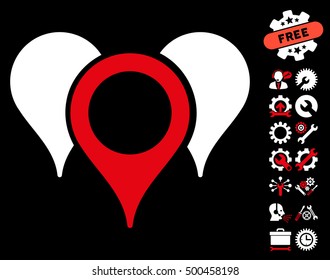 Map Pointers icon with bonus options clip art. Vector illustration style is flat iconic symbols, red and white colors, black background.
