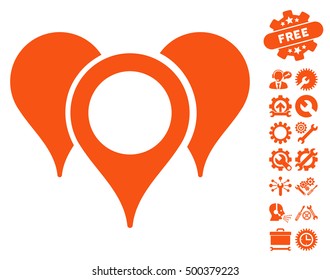 Map Pointers icon with bonus service design elements. Vector illustration style is flat iconic symbols, orange color, white background.