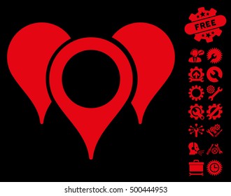 Map Pointers icon with bonus tools pictograph collection. Vector illustration style is flat iconic symbols, red color, black background.