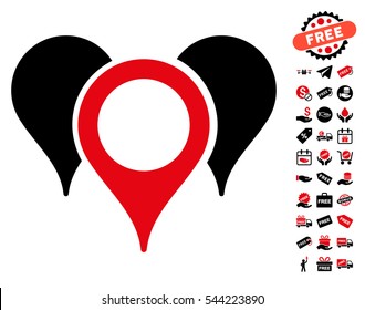 Map Pointers icon with free bonus pictograms. Vector illustration style is flat iconic symbols, intensive red and black colors, white background.