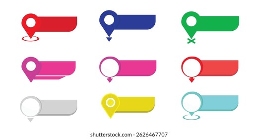 Map pointers icon set. Location icons or geolocations. Vector design element set. Pointer icon pin on the map with space for text. Vector illustration
