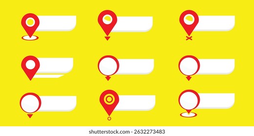 Map pointers icon set. Location icons or geolocations. Vector design element set. Pointer icon pin on the map with space for text. 