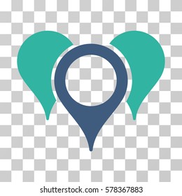 Map Pointers icon. Vector illustration style is flat iconic bicolor symbol, cobalt and cyan colors, transparent background. Designed for web and software interfaces.