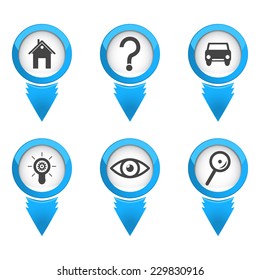 Map pointers with icons on white background, 3d illustration, vector, eps 10