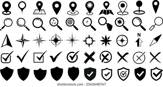 map pointers, magnifying glasses, checkmarks, shields, compasses, and directional symbols Icon set for UI, navigation, and app design
