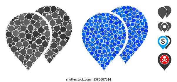 Map pointers mosaic of filled circles in various sizes and shades, based on map pointers icon. Vector small circles are united into blue mosaic. Dotted map pointers icon in usual and blue versions.