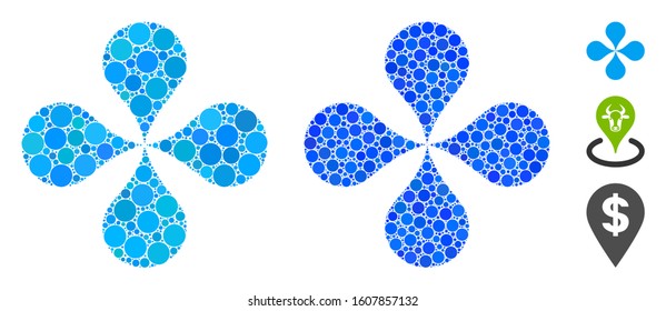 Map pointers mosaic of round dots in various sizes and color hues, based on map pointers icon. Vector round dots are combined into blue mosaic. Dotted map pointers icon in usual and blue versions.