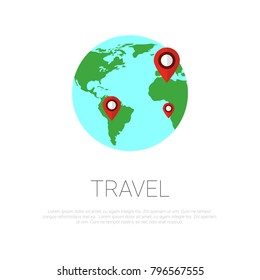 Map Pointers On Globe Over Template White Background with Copy Space Travel Around World Concept Vector Illustration