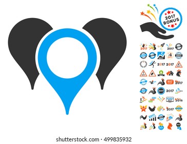 Map Pointers pictograph with bonus 2017 new year design elements. Vector illustration style is flat iconic symbols, blue and gray colors, white background.