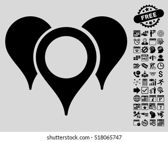 Map Pointers pictograph with bonus calendar and time service symbols. Vector illustration style is flat iconic symbols, black color, light gray background.