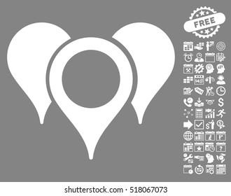 Map Pointers pictograph with bonus calendar and time management clip art. Vector illustration style is flat iconic symbols, white color, gray background.