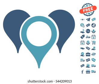 Map Pointers pictograph with free bonus images. Vector illustration style is flat iconic symbols, cyan and blue colors, white background.