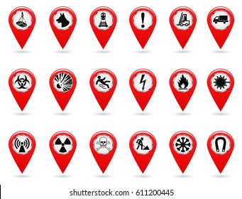 Map pointers. Set of safety symbols.  Location and specify the coordinates on the map terrain. Industrial Design. Red object on a white background. Vector illustration.