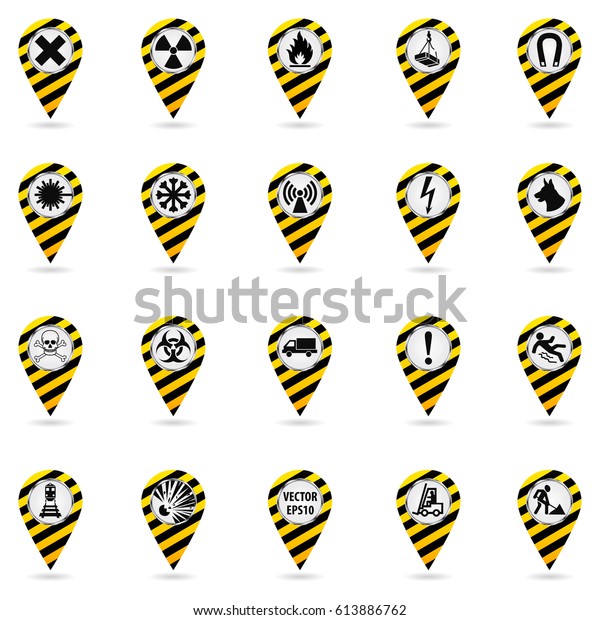 Map pointers. Set of safety symbols. \
Location and specify the coordinates on the map terrain. Industrial\
Design. Yellow black striped object on a white background. Vector\
illustration.