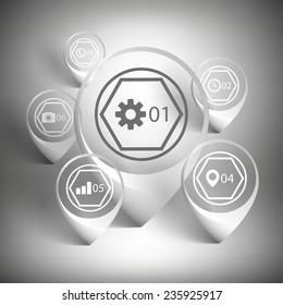 Map pointers set. White icon templates on gray background