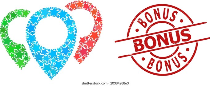 Map pointers star pattern and grunge Bonus seal. Red seal with grunge surface and Bonus text inside circle. Abstract map pointers mosaic is created with scattered flat star parts.