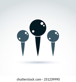 Map pointers. Three vector black pin icons, simple tack sign, monochrome stationery symbols.