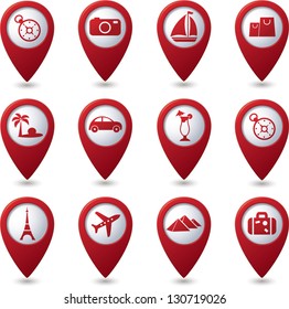 Map pointers with travel icons. Vector illustration.