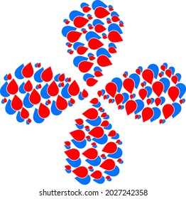 Map pointers twirl flower cluster. Object flower with 4 petals combined from oriented map pointers symbols. Vector flower collage in flat style.