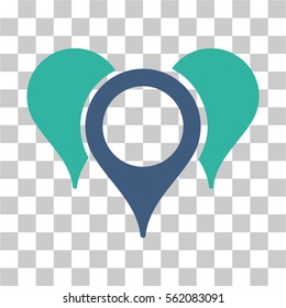 Map Pointers vector icon. Illustration style is flat iconic bicolor cobalt and cyan symbol on a transparent background.