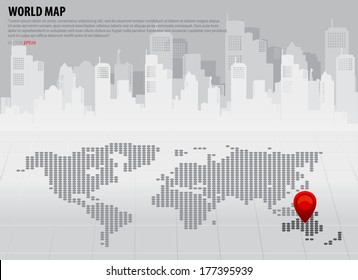 Map pointers and world map with continents (Australia). Vector illustration.