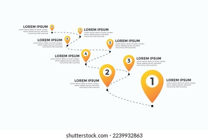 Map points infographic visualization, milestone pointers infographic, 8 steps milestone, 8 steps infographic chart design template, Route infographic showing company timeline or plan in 8 steps