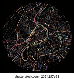 Map of Poitiers, Vienne with all major and minor roads, railways and waterways. Colorful line art on black background.