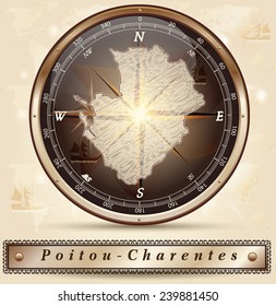 Map of Poitou-Charentes with borders in bronze
