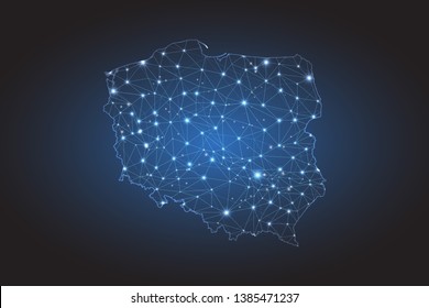 Map of Poland - Abstract mash line and point scales on circuit dark background. Wire frame 3D mesh polygonal network line, design sphere, dot and structure. Vector illustration eps 10.