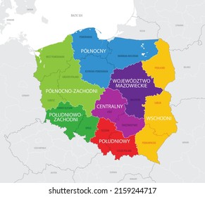 Map of the Poland with administrative divisions of the country into makroregion and 16 provinces (voivodeships), detailed vector illustration