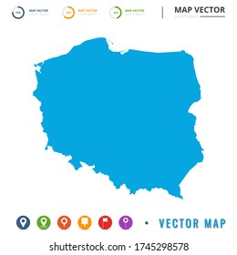 Map of Poland blue and set pin icon.