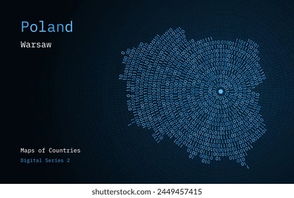 A map of Poland depicted in zeros and ones in the form of a circle. The capital, Warsaw, is shown in the center of the circle	