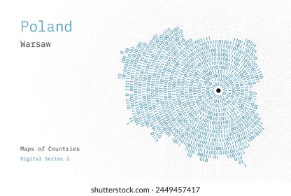 A map of Poland depicted in zeros and ones in the form of a circle. The capital, Warsaw, is shown in the center of the circle	