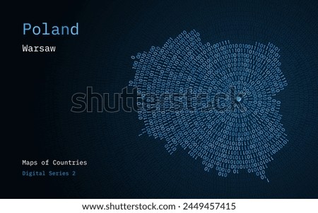 A map of Poland depicted in zeros and ones in the form of a circle. The capital, Warsaw, is shown in the center of the circle	