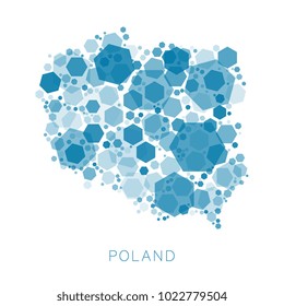 map of Poland filled with abstract mosaic of hexagons of different sizes and degrees of transparency on white background