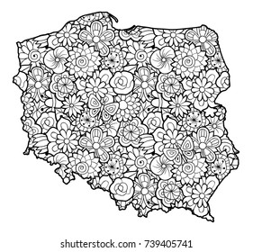 Map of Poland with flowers. Black and white vector illustration, coloring page for adults