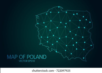 Map of Poland - With glowing point and lines scales on The dark gradient background, 3D mesh polygonal network connections.Vector illustration Eps 10.